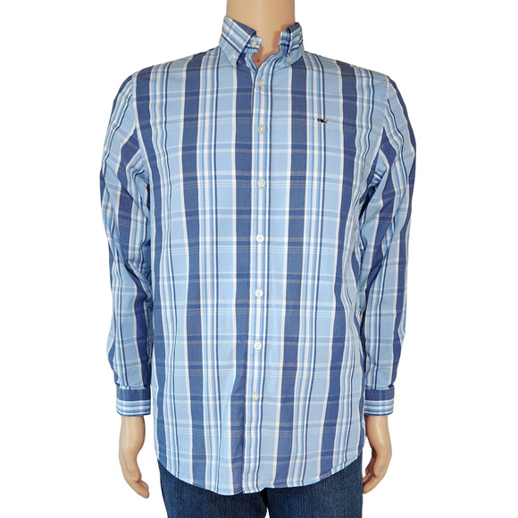 Vineyard Vines Slim Fit Whale Shirt Blue Plaid L/S Button Youth Xl or Mens Med - Picture 1 of 5
